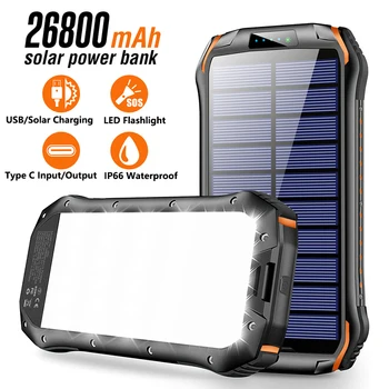 26800mAh Solar Power Bank Kaasaskantav C-Tüüpi Kiire Laadimine Powerbank iPhone 13 Xiaomi Samsung Poverbank LED Telkimine Valgus