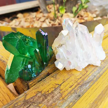 Angel Aura crystal klastri roheline ja valge looduslik Titaan kattega gemstone kvarts klastri Healing home decor
