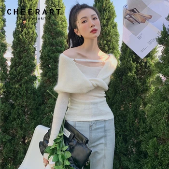 CHEERART Mohair Valge Maha Õlaosa Koo Top 2022 Fashion korea Mood Daamid Sõlm Pulloverid Silmkoelised Disainer Kampsun