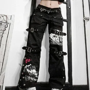 E-tüdruk Gooti Must Cargo Püksid Capri Naiste Madal Vöökoht Teksad, Pikad Püksid Y2K Grunge Vintage Hip-Hop, Punk Harajuku Streetwear