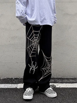 Grunge ja Punk spider web print Must Naiste püksid goth Streetwear Liiga Lai Jalg Püksid 90s Vintage y2k riided cargo Püksid