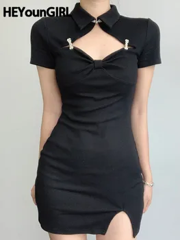 HEYounGIRL Harajuku Must Bodycon Mini Kleit Naiste Split Pool Lühike Päitsed Kleidid Daamid Kõhn, Lühike Varrukas Gooti Suvel 2022