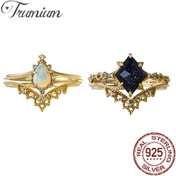 Trumium S925 Hõbe Naiste Sõrmus Vee Tilk Opaal Vintage Crown Pits Tsirkoon 14K kullatud Sinine Liivakivi Ehted kokteiliefekti