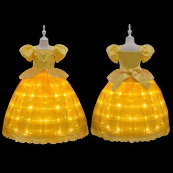 Uporpor Tüdruk Printsess Belle süttib LED Kleit Cosplay Kaunitar ja Koletis Kostüüm Väljamõeldud Isik Jõulud Karneval Õhtul Kleit