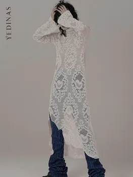 Yedinas Pool Kõrge Krae Valge Pitsist Kleit Naiste Pikad Varrukad Vintage Asümmeetriline Ebaregulaarne Y2k Korea Stiil Gooti Vestidos Stiilne