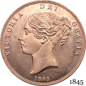Ühendkuningriik 1845 Victoria 1 Üks Penn ÜHENDKUNINGRIIGI Kuninganna Punane Vask Koopia Münte Suurbritannia Pronksist Portree Mündi Serv Sile